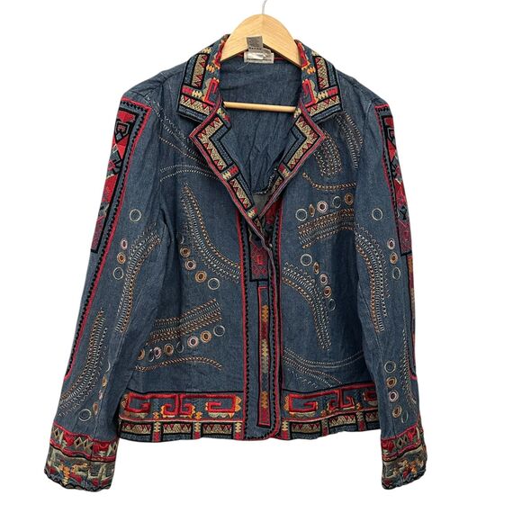 Coldwater Creek Denim Embroidered Snap Art to Wear Short Lightweight Jacket M - Picture 1 of 7